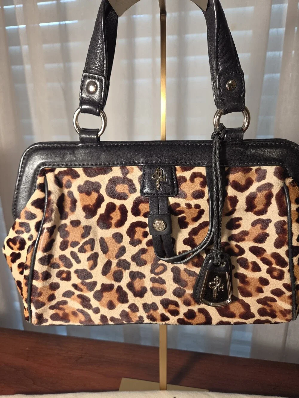 Vintage Calf- Hair Cole Haan Leopard-Print Satchel in Brown and Black